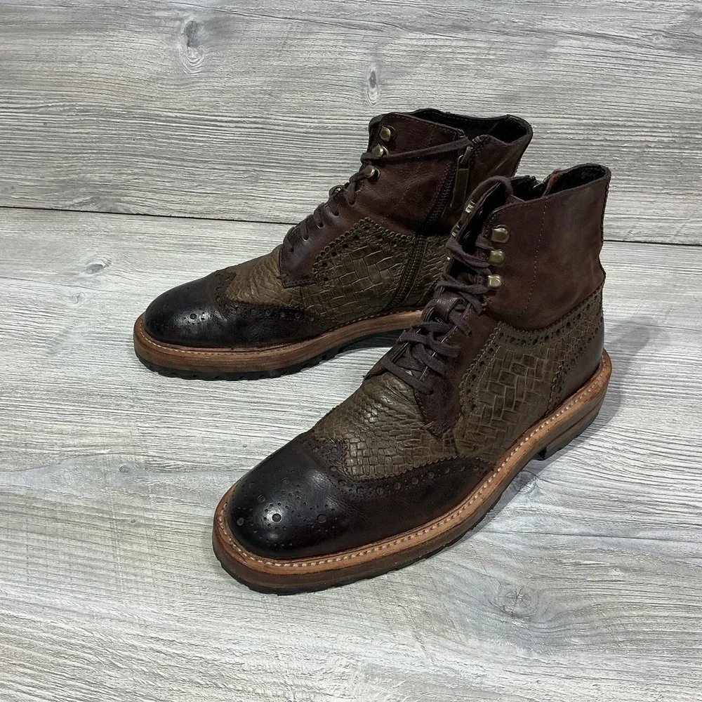 Donald J. Pliner Ziroc 56 Men's Size 8 M Brown Leather Wingtip Lace Up Zip Boots